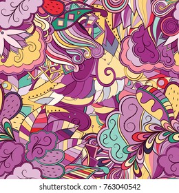 Tracery seamless pattern. Mehndi design. Ethnic colorful doodle texture. Curved doodling background. Vector