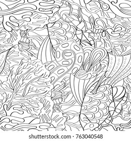 Tracery seamless pattern. Mehndi design. Ethnic monochrome binary doodle texture. Curved doodling black and white background. Vector