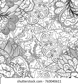 Tracery seamless pattern. Mehndi design. Ethnic monochrome binary doodle texture. Curved doodling black and white background. Vector