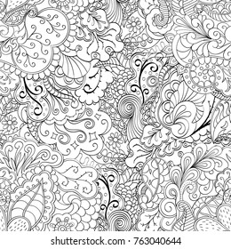 Tracery seamless pattern. Mehndi design. Ethnic monochrome binary doodle texture. Curved doodling black and white background. Vector