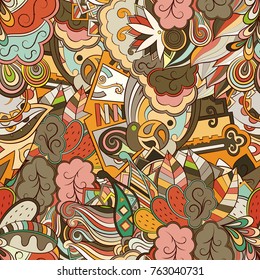 Tracery seamless pattern. Mehndi design. Ethnic colorful doodle texture. Curved doodling background. Vector