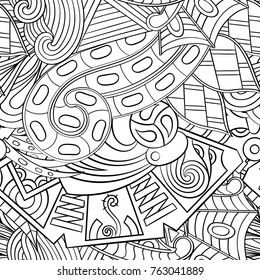Tracery seamless pattern. Mehndi design. Ethnic monochrome binary doodle texture. Curved doodling black and white background. Vector