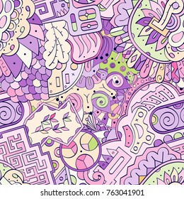 Tracery seamless pattern. Mehndi design. Ethnic colorful doodle texture. Curved doodling background. Vector