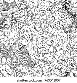 Tracery seamless pattern. Mehndi design. Ethnic monochrome binary doodle texture. Curved doodling black and white background. Vector