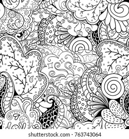 Tracery seamless pattern. Mehndi design. Ethnic monochrome binary doodle texture. Curved doodling black and white background. Vector