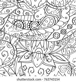 Tracery seamless pattern. Mehndi design. Ethnic monochrome binary doodle texture. Curved doodling black and white background. Vector
