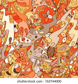 Tracery seamless pattern. Mehndi design. Ethnic colorful doodle texture. Curved doodling background. Vector