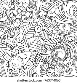 Tracery seamless pattern. Mehndi design. Ethnic monochrome binary doodle texture. Curved doodling black and white background. Vector
