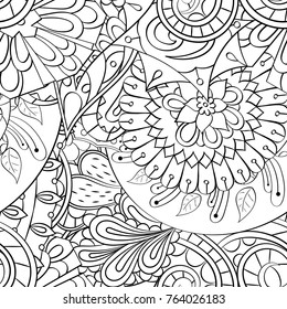 Tracery seamless pattern. Mehndi design. Ethnic monochrome binary doodle texture. Curved doodling black and white background. Vector