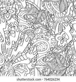 Tracery seamless pattern. Mehndi design. Ethnic monochrome binary doodle texture. Curved doodling black and white background. Vector