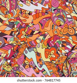 Tracery seamless pattern. Mehndi design. Ethnic colorful doodle texture. Curved doodling background. Vector