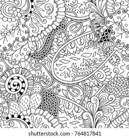 Tracery seamless pattern. Mehndi design. Ethnic monochrome binary doodle texture. Curved doodling black and white background. Vector