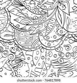 Tracery seamless pattern. Mehndi design. Ethnic monochrome binary doodle texture. Curved doodling black and white background. Vector