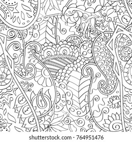 Tracery seamless pattern. Mehndi design. Ethnic monochrome binary doodle texture. Curved doodling black and white background. Vector