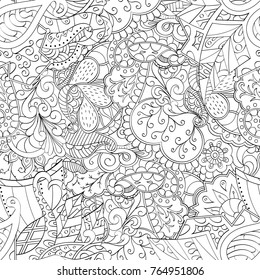 Tracery seamless pattern. Mehndi design. Ethnic monochrome binary doodle texture. Curved doodling black and white background. Vector