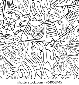 Tracery seamless pattern. Mehndi design. Ethnic monochrome binary doodle texture. Curved doodling black and white background. Vector