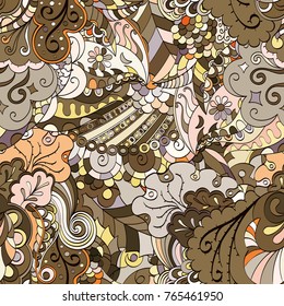Tracery seamless pattern. Mehndi design. Ethnic colorful doodle texture. Curved doodling background. Vector