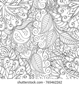 Tracery seamless pattern. Mehndi design. Ethnic monochrome binary doodle texture. Curved doodling black and white background. Vector