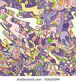 Tracery seamless pattern. Mehndi design. Ethnic colorful doodle texture. Curved doodling background. Vector