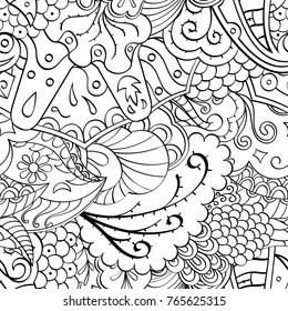 Tracery seamless pattern. Mehndi design. Ethnic monochrome binary doodle texture. Curved doodling black and white background. Vector