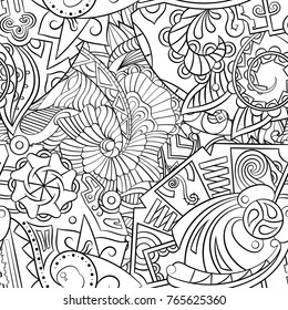 Tracery seamless pattern. Mehndi design. Ethnic monochrome binary doodle texture. Curved doodling black and white background. Vector