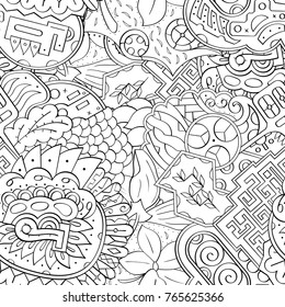 Tracery seamless pattern. Mehndi design. Ethnic monochrome binary doodle texture. Curved doodling black and white background. Vector