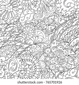Tracery seamless pattern. Mehndi design. Ethnic monochrome binary doodle texture. Curved doodling black and white background. Vector