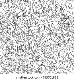 Tracery seamless pattern. Mehndi design. Ethnic monochrome binary doodle texture. Curved doodling black and white background. Vector