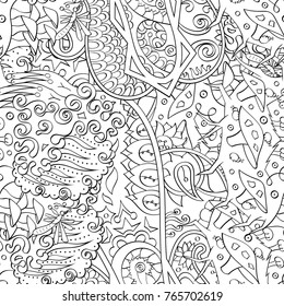 Tracery seamless pattern. Mehndi design. Ethnic monochrome binary doodle texture. Curved doodling black and white background. Vector