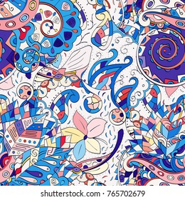 Tracery seamless pattern. Mehndi design. Ethnic colorful doodle texture. Curved doodling background. Vector