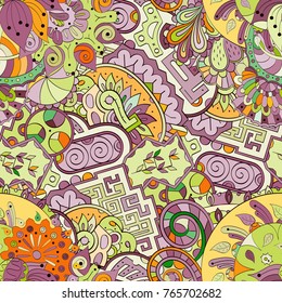 Tracery seamless pattern. Mehndi design. Ethnic colorful doodle texture. Curved doodling background. Vector