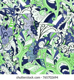 Tracery seamless pattern. Mehndi design. Ethnic colorful doodle texture. Curved doodling background. Vector