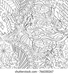 Tracery seamless pattern. Mehndi design. Ethnic monochrome binary doodle texture. Curved doodling black and white background. Vector