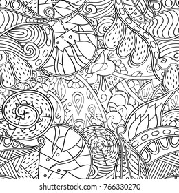 Tracery seamless pattern. Mehndi design. Ethnic monochrome binary doodle texture. Curved doodling black and white background. Vector