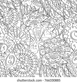 Tracery seamless pattern. Mehndi design. Ethnic monochrome binary doodle texture. Curved doodling black and white background. Vector