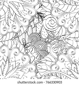 Tracery seamless pattern. Mehndi design. Ethnic monochrome binary doodle texture. Curved doodling black and white background. Vector