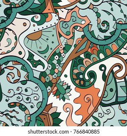 Tracery seamless pattern. Mehndi design. Ethnic colorful doodle texture. Curved doodling background. Vector