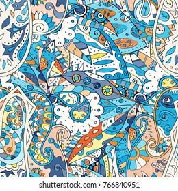 Tracery seamless pattern. Mehndi design. Ethnic colorful doodle texture. Curved doodling background. Vector