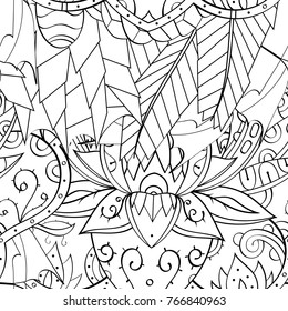 Tracery seamless pattern. Mehndi design. Ethnic monochrome binary doodle texture. Curved doodling black and white background. Vector