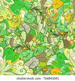 Tracery seamless pattern. Mehndi design. Ethnic colorful doodle texture. Curved doodling background. Vector