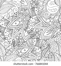 Tracery seamless pattern. Mehndi design. Ethnic monochrome binary doodle texture. Curved doodling black and white background. Vector