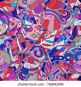 Tracery seamless pattern. Mehndi design. Ethnic colorful doodle texture. Curved doodling background. Vector