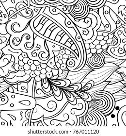 Tracery seamless pattern. Mehndi design. Ethnic monochrome binary doodle texture. Curved doodling black and white background. Vector