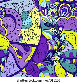 Tracery seamless pattern. Mehndi design. Ethnic colorful doodle texture. Curved doodling background. Vector