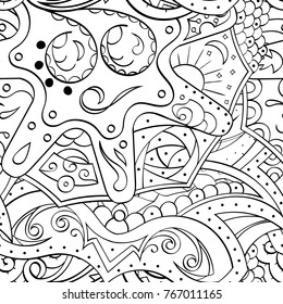 Tracery seamless pattern. Mehndi design. Ethnic monochrome binary doodle texture. Curved doodling black and white background. Vector