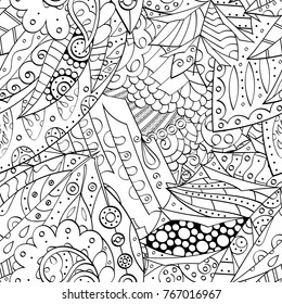 Tracery seamless pattern. Mehndi design. Ethnic monochrome binary doodle texture. Curved doodling black and white background. Vector