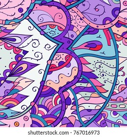 Tracery seamless pattern. Mehndi design. Ethnic colorful doodle texture. Curved doodling background. Vector