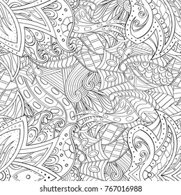 Tracery seamless pattern. Mehndi design. Ethnic monochrome binary doodle texture. Curved doodling black and white background. Vector