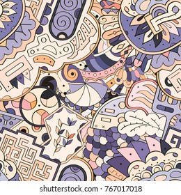 Tracery seamless pattern. Mehndi design. Ethnic colorful doodle texture. Curved doodling background. Vector