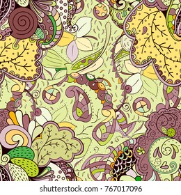 Tracery seamless pattern. Mehndi design. Ethnic colorful doodle texture. Curved doodling background. Vector